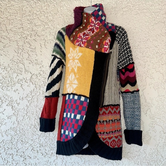 Desigual Sweater Womens  L Chunky Patchwork Zip Asymmetrical - Picture 1 of 6